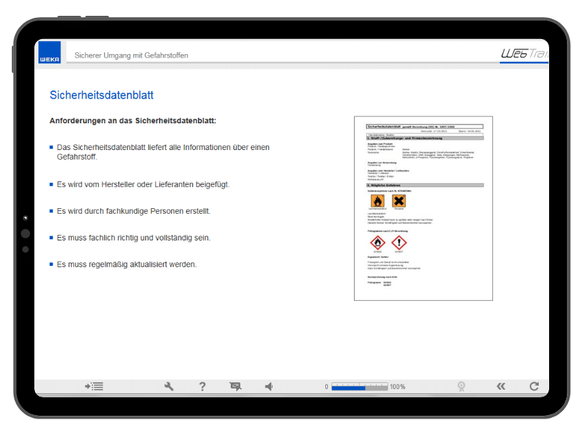 Screenshot-E-Learning-Kurs-Gefahrstoffe-Sicherheitsdatenblatt Blick in den WebTrainer Gefahrstoffe