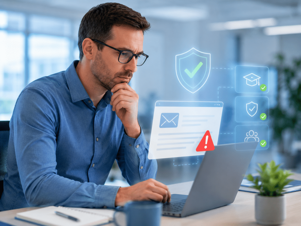 Mitarbeiter prüft eine verdächtige E-Mail am Laptop und erkennt Sicherheitsrisiken durch E-Learning zur Informationssicherheit.