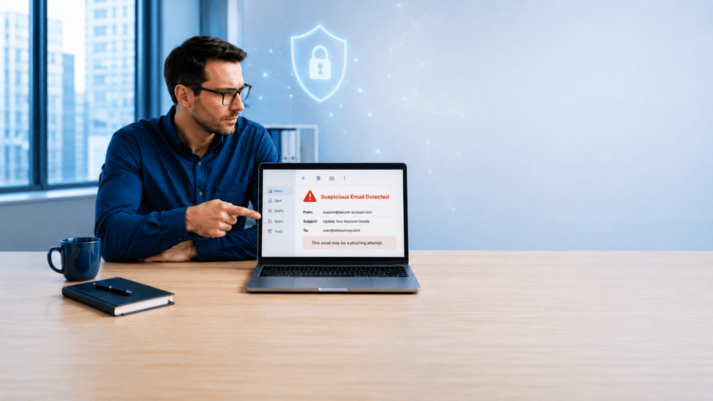 Mitarbeiter erkennt verdächtige E-Mail auf dem Laptop, Symbolbild für Phishing-Schulung und sicheres Arbeiten mit E-Mails.